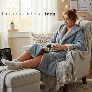 Pottery Barn Teen Faux Fur Hooded Robe Gray Plush Spa Cozy w/ 2 Belts